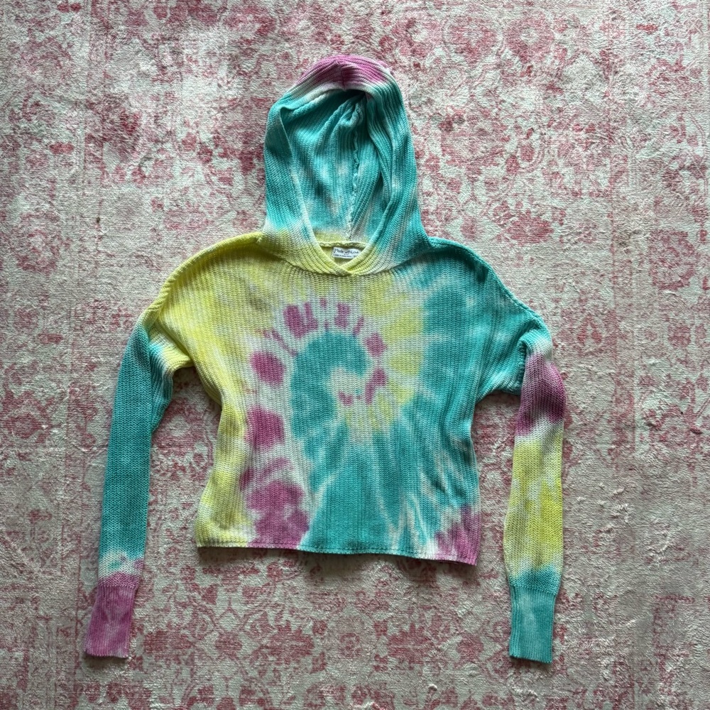 Tie-Dye Ribbed Hooded Long Sleeve Top - Pastel Blue, Yellow & Pink